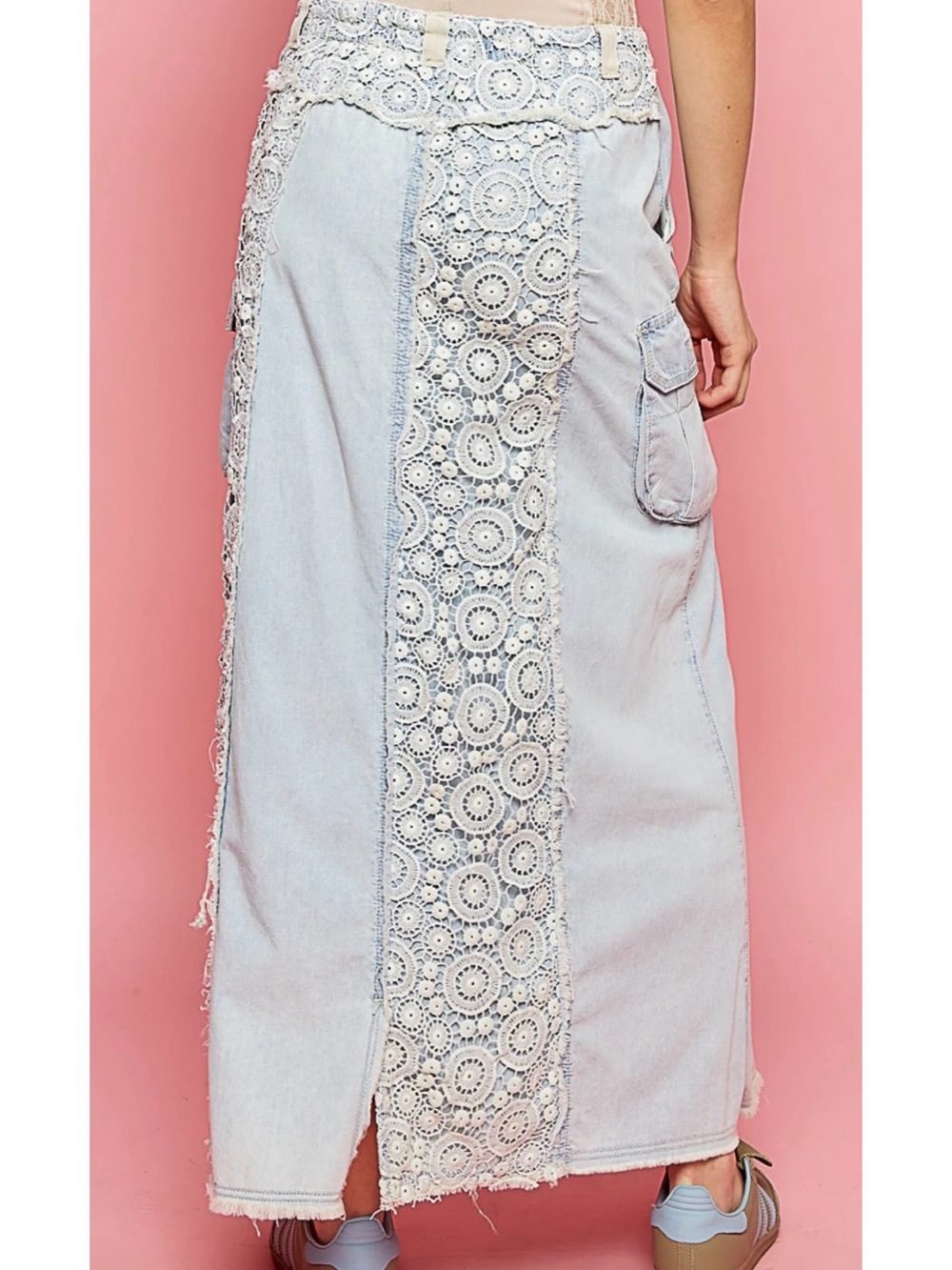 POL Lace Light Wash Denim Midi Maxi Skirt Crochet Medium Boho Coastal Cowgirl - Picture 7 of 15